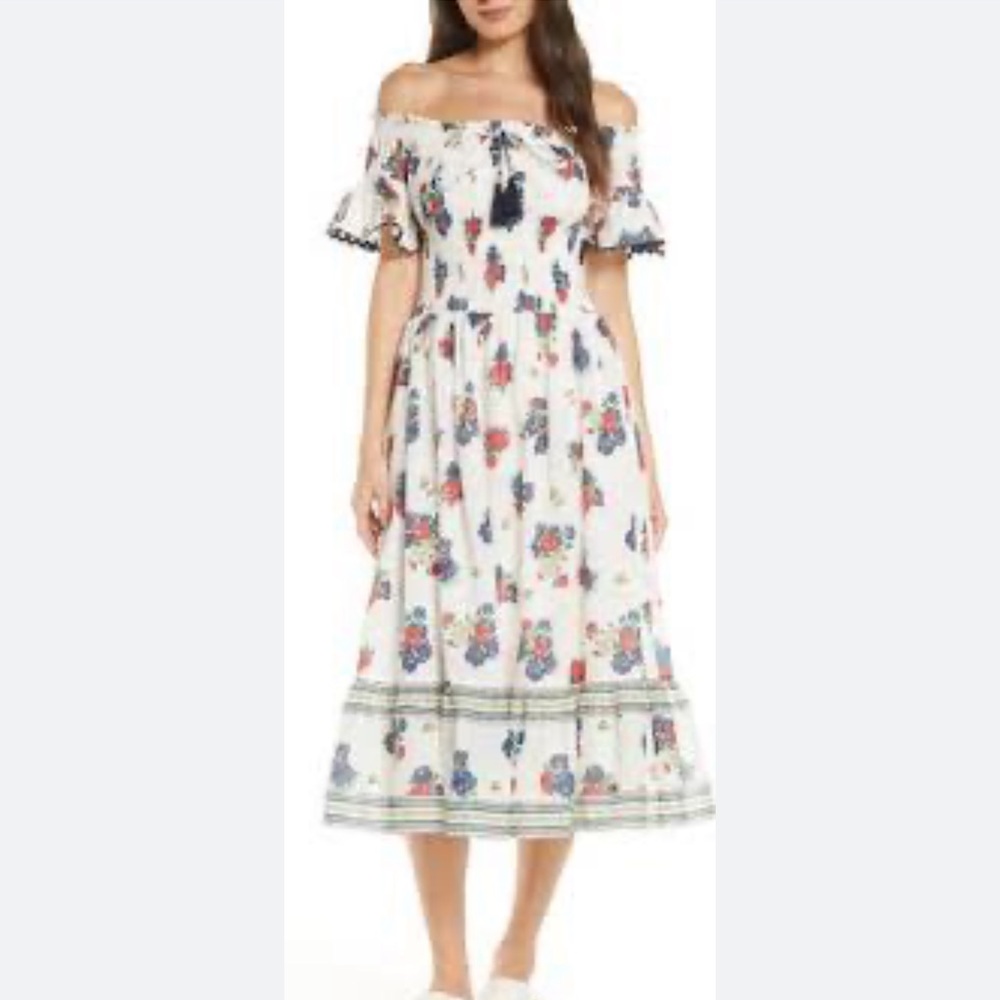 NWT Tory Burch Meadow Folly Viole Cream Floral Smocked Casual Dress Sz M